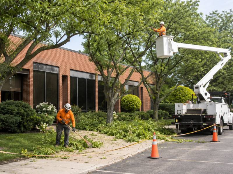 Arborist working from ropes among the branches of a big neighbourhood tree