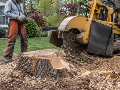 Finished stump grinding job with chips filling the hole
