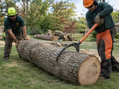 Large tree being taken down piece by piece near a house