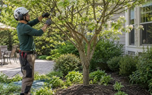 Tree worker roped into a tall tree to inspect and prune its main limbs